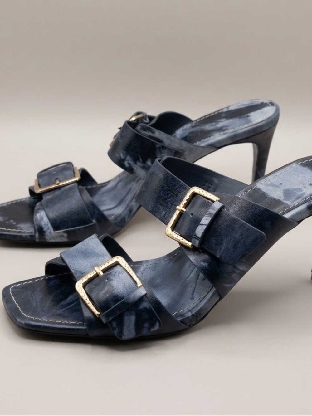 ULLA JOHNSON Blue Tie-Dye Leather Buckle Slide Mule Heels EU 40 / US 9.5-10
